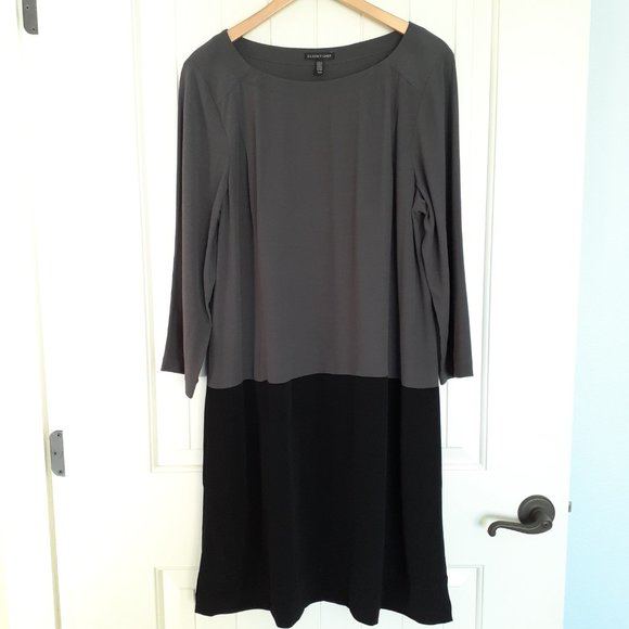 Eileen Fisher Color Block Long Sleeve Tencel Shift Dress Black Gray Size M - Picture 1 of 14